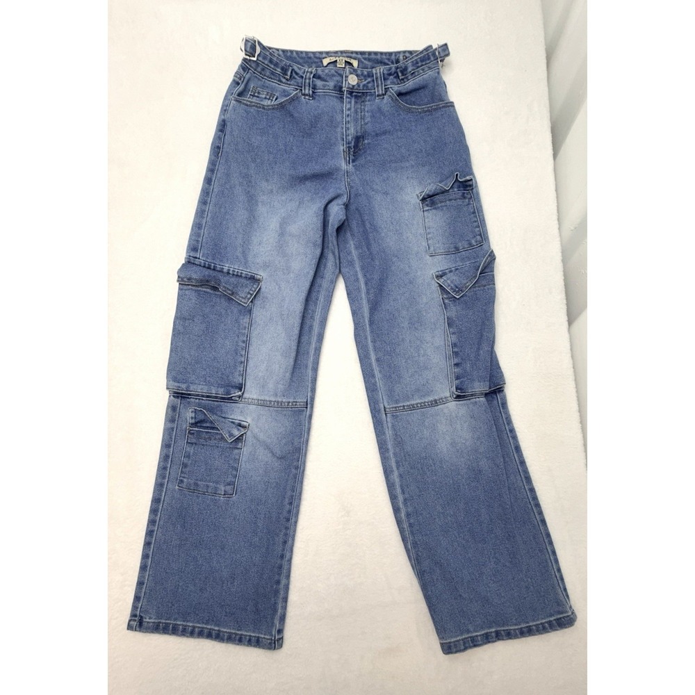 LOVE CULT Womens XS Cargo Jeans Wide Leg Utility Pockets Y2K High Rise Denim